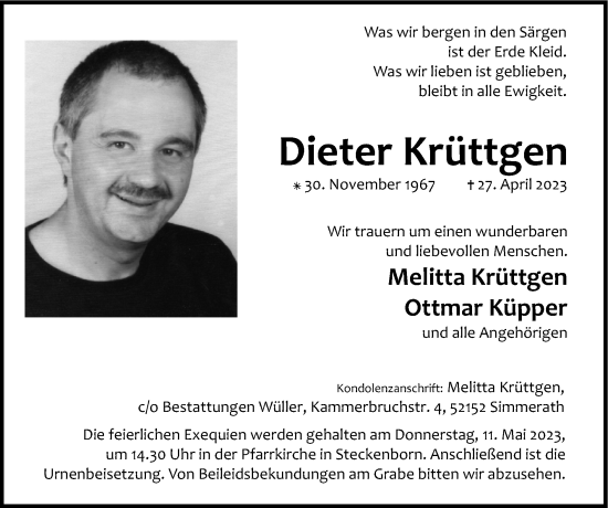 Traueranzeige von Dieter Krüttgen von Zeitung am Sonntag