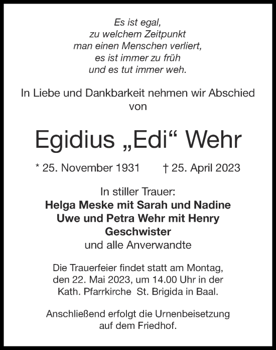 Traueranzeige von Egidius Wehr von Zeitung am Sonntag