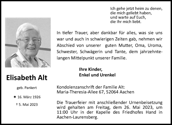 Traueranzeige von Elisabeth Alt von Aachener Zeitung