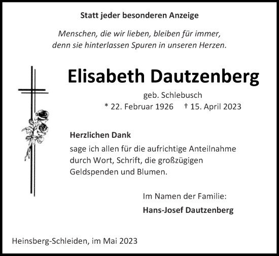 Traueranzeige von Elisabeth Dautzenberg von Zeitung am Sonntag