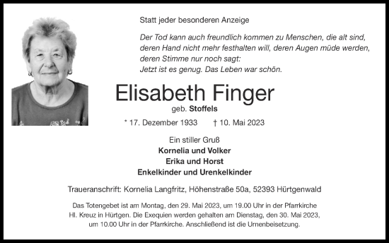 Traueranzeige von Elisabeth Finger von Zeitung am Sonntag