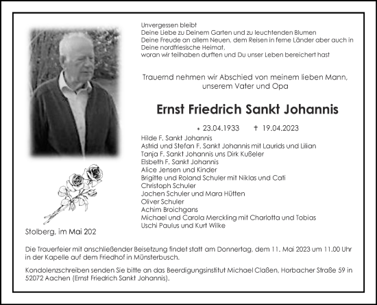 Traueranzeige von Ernst Friedrich Sankt Johannis von Zeitung am Sonntag