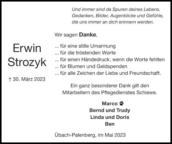 Traueranzeige von Erwin Strozyk von Zeitung am Sonntag