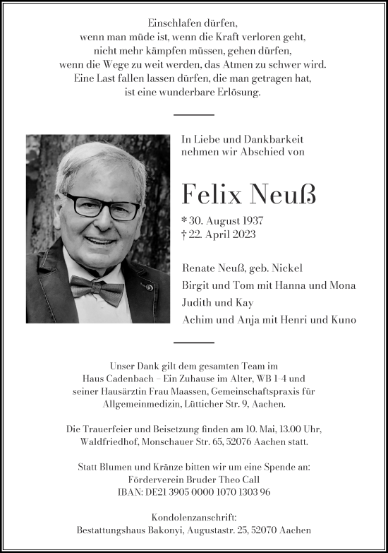 Traueranzeige von Felix Neuß von Aachener Zeitung
