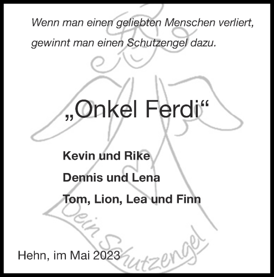 Traueranzeige von Ferdi  von Zeitung am Sonntag
