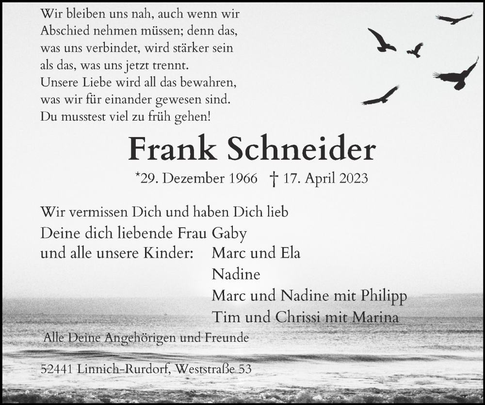 Traueranzeige für Frank Schneider vom 07.05.2023 aus Zeitung am Sonntag