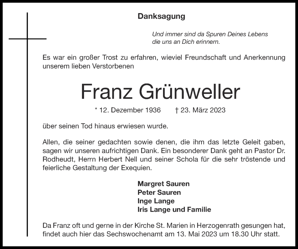  Traueranzeige für Franz Grünweller vom 07.05.2023 aus Zeitung am Sonntag