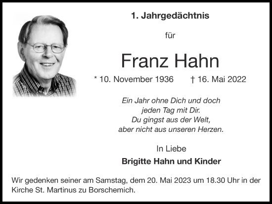 Traueranzeige von Franz Hahn von Zeitung am Sonntag