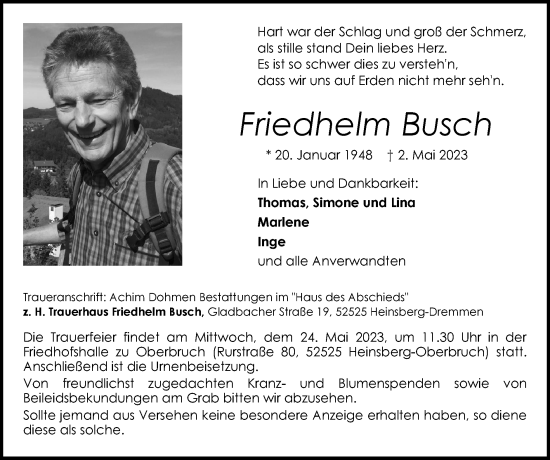 Traueranzeige von Friedhelm Busch von Zeitung am Sonntag