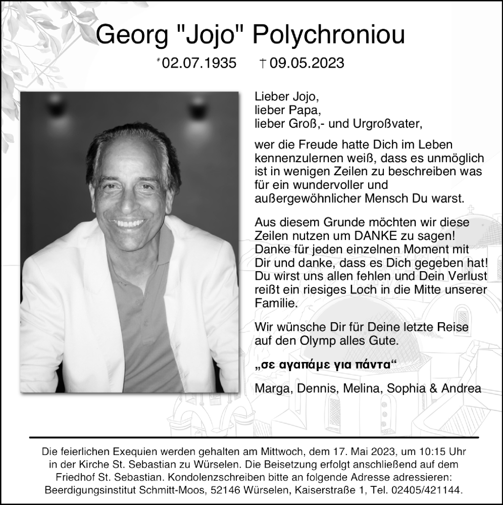  Traueranzeige für Georg Polychroniou vom 14.05.2023 aus Zeitung am Sonntag