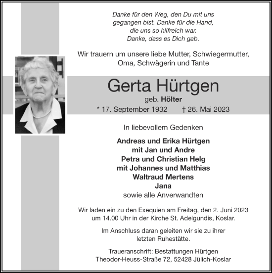 Traueranzeige von Gerta Hürtgen von Zeitung am Sonntag