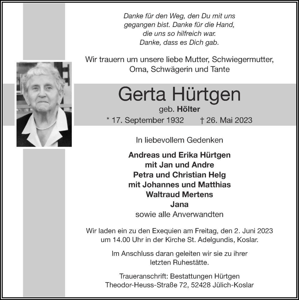  Traueranzeige für Gerta Hürtgen vom 28.05.2023 aus Zeitung am Sonntag