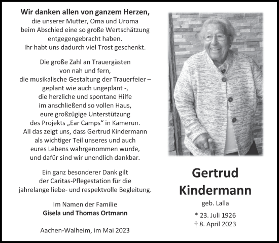 Traueranzeige von Gertrud Kindermann von Aachener Zeitung