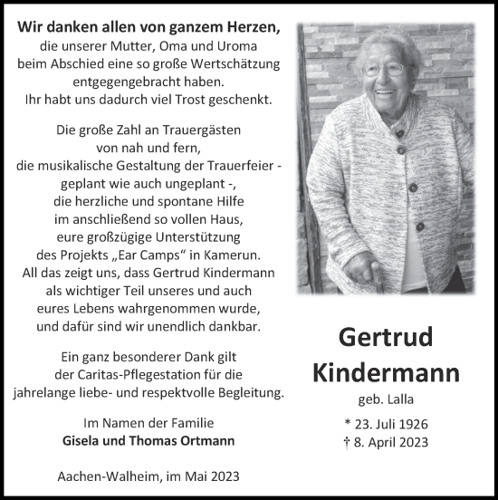 Traueranzeige von Gertrud Kindermann von Zeitung am Sonntag