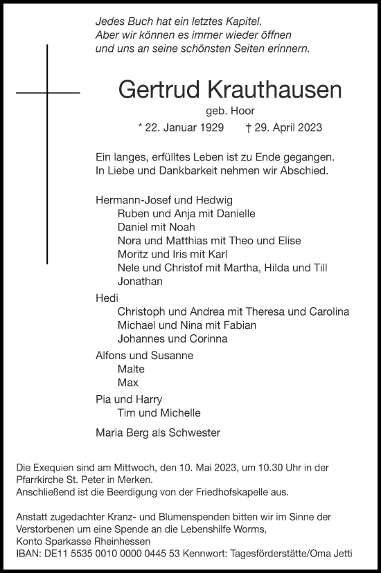 Traueranzeige von Gertrud Krauthausen von Zeitung am Sonntag
