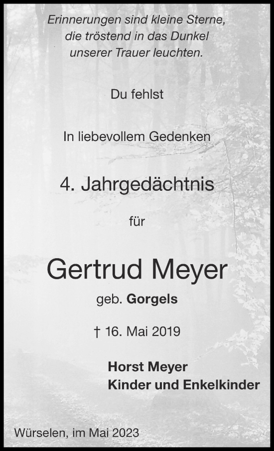 Traueranzeige von Gertrud Meyer von Zeitung am Sonntag