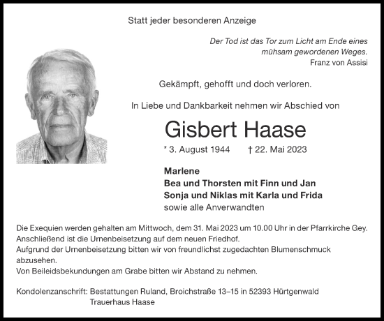 Traueranzeige von Gisbert Haase von Zeitung am Sonntag