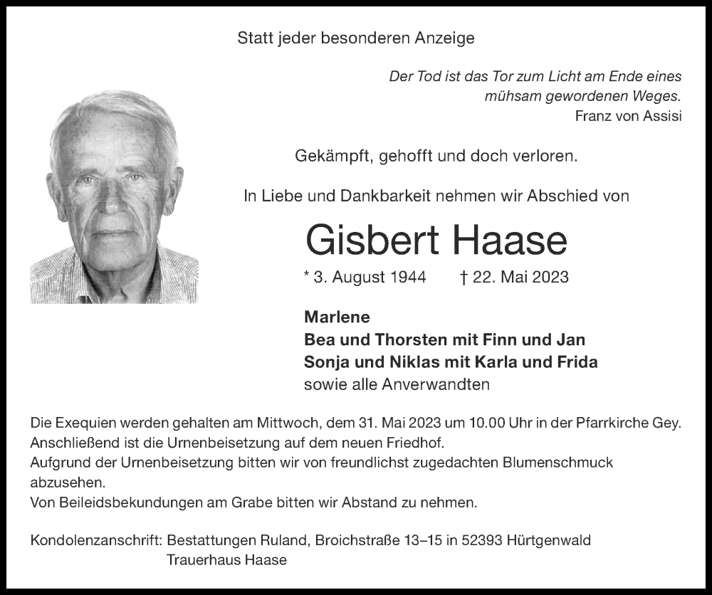  Traueranzeige für Gisbert Haase vom 28.05.2023 aus Zeitung am Sonntag