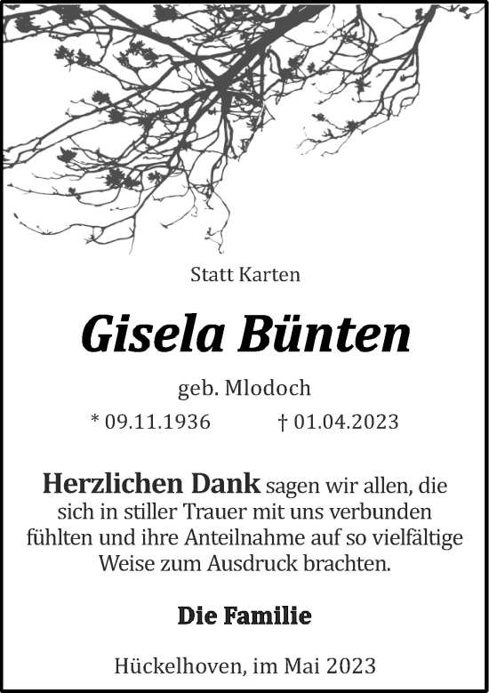 Traueranzeige von Gisela Bünten von Zeitung am Sonntag