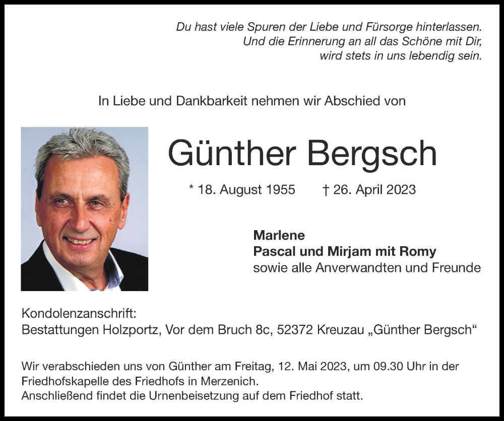  Traueranzeige für Günther Bergsch vom 07.05.2023 aus Zeitung am Sonntag