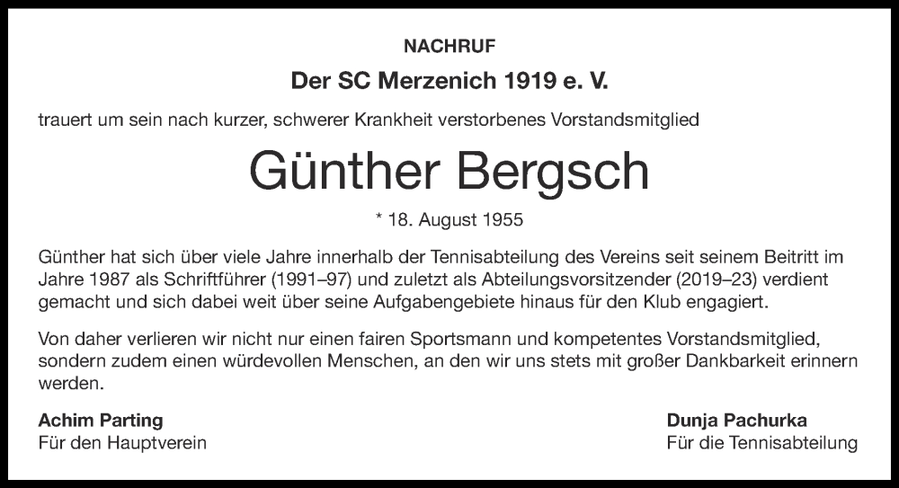  Traueranzeige für Günther Bergsch vom 14.05.2023 aus Zeitung am Sonntag