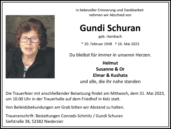 Traueranzeige von Gundi Schuran von Zeitung am Sonntag