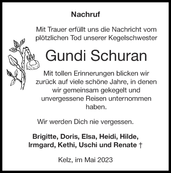 Traueranzeige von Gundi Schuran von Zeitung am Sonntag