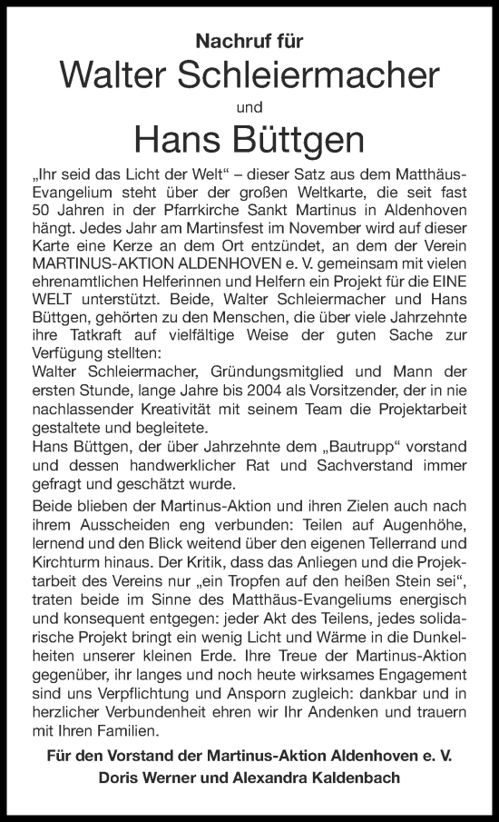 Traueranzeige von Hans Büttgen von Zeitung am Sonntag