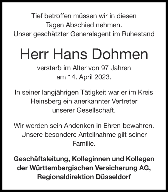 Traueranzeige von Hans Dohmen von Zeitung am Sonntag