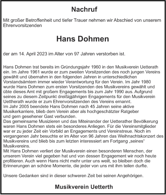 Traueranzeige von Hans Dohmen von Zeitung am Sonntag