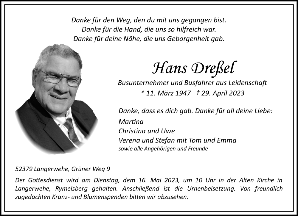  Traueranzeige für Hans Dreßel vom 06.05.2023 aus Aachener Zeitung
