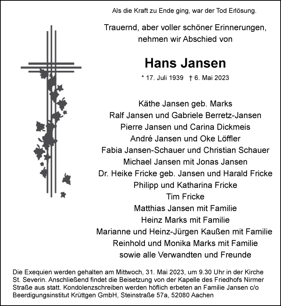  Traueranzeige für Hans Jansen vom 21.05.2023 aus Zeitung am Sonntag