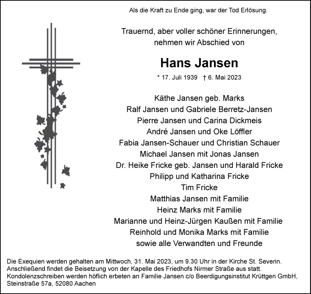  Traueranzeige für Hans Jansen vom 20.05.2023 aus Aachener Zeitung