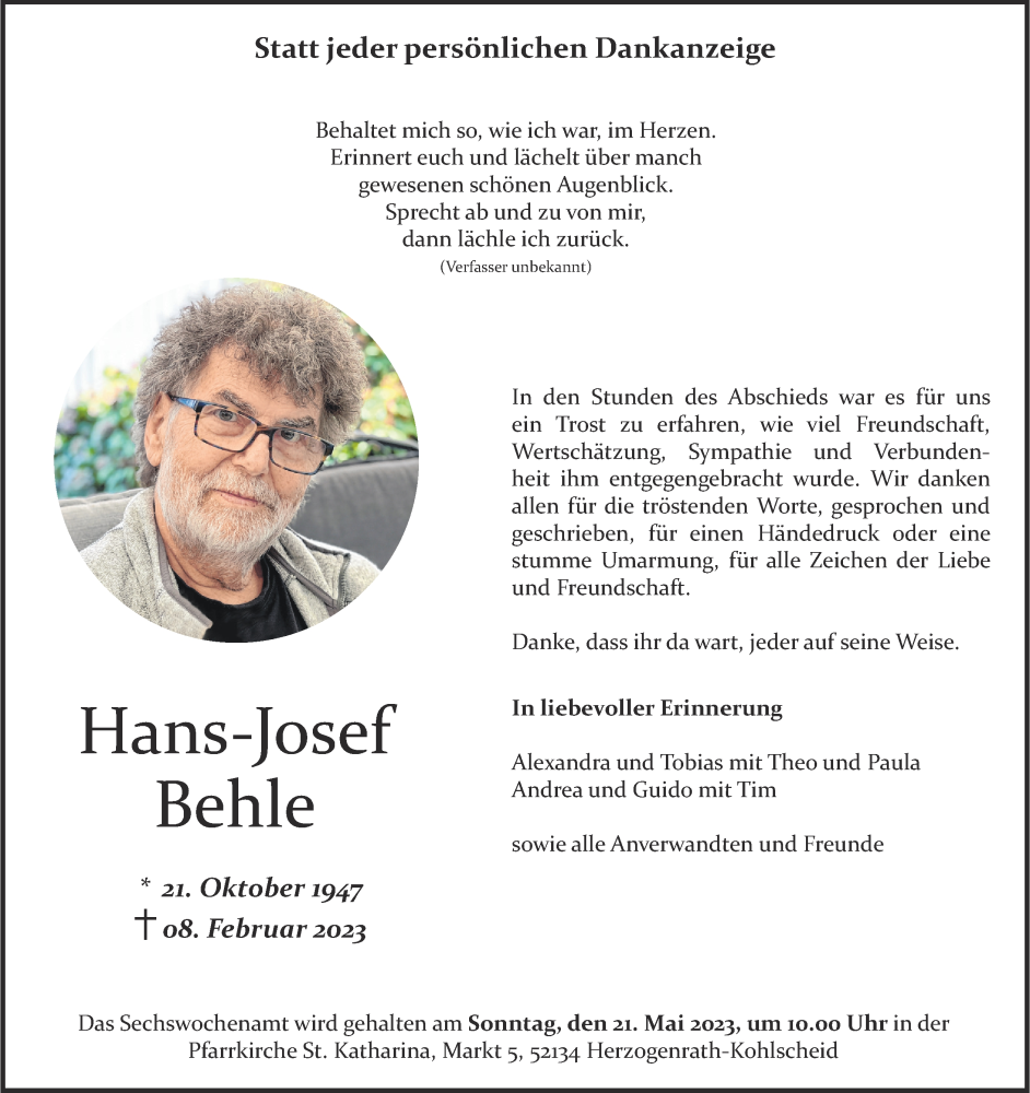  Traueranzeige für Hans-Josef Behle vom 07.05.2023 aus Zeitung am Sonntag