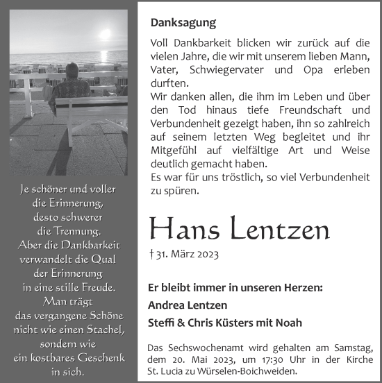 Traueranzeige von Hans Lentzen von Zeitung am Sonntag