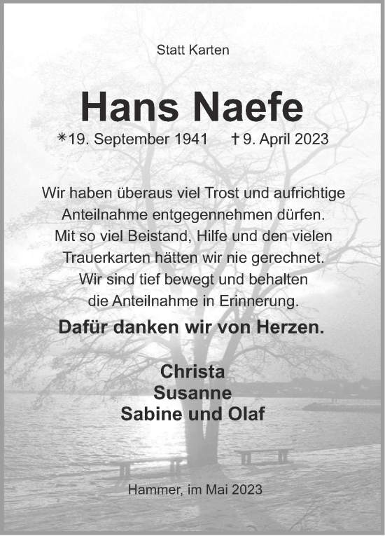 Traueranzeige von Hans Naefe von Zeitung am Sonntag