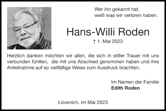 Traueranzeige von Hans-Willi Roden von Zeitung am Sonntag