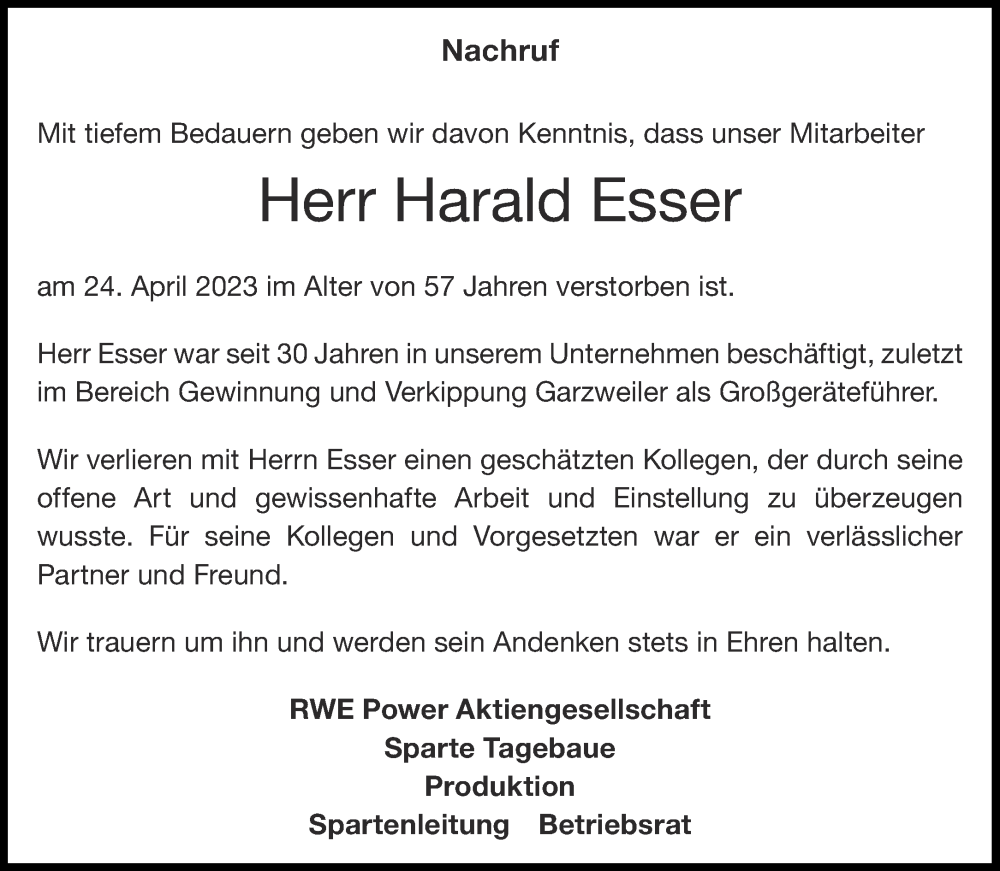  Traueranzeige für Harald Esser vom 09.05.2023 aus Aachener Zeitung