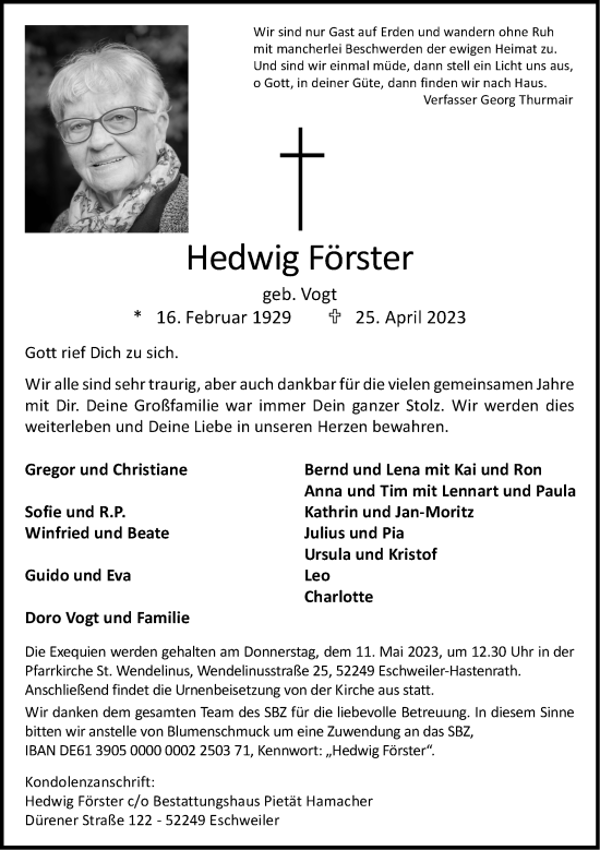 Traueranzeige von Hedwig Förster von Zeitung am Sonntag