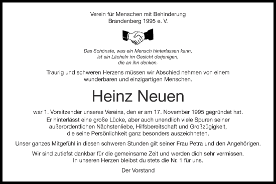 Traueranzeige von Heinz Neuen von Zeitung am Sonntag