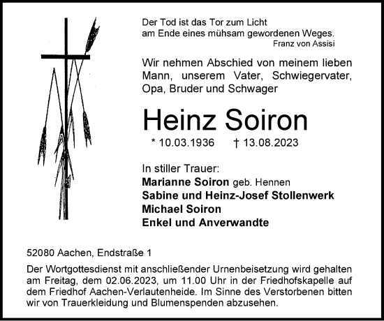 Traueranzeige von Heinz Soiron von Zeitung am Sonntag
