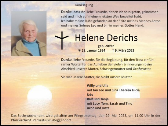 Traueranzeige von Helene Derichs von Zeitung am Sonntag