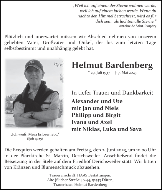 Traueranzeige von Helmut Bardenberg von Zeitung am Sonntag