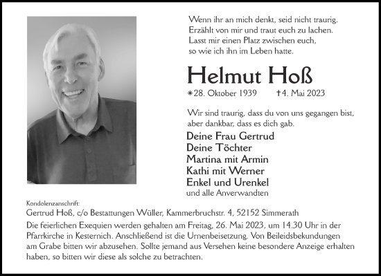 Traueranzeige von Helmut Hoß von Aachener Zeitung