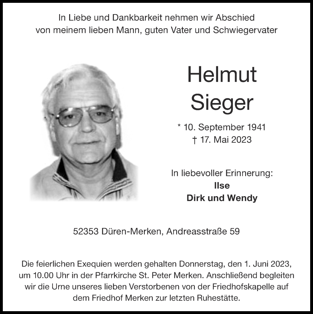  Traueranzeige für Helmut Sieger vom 28.05.2023 aus Zeitung am Sonntag