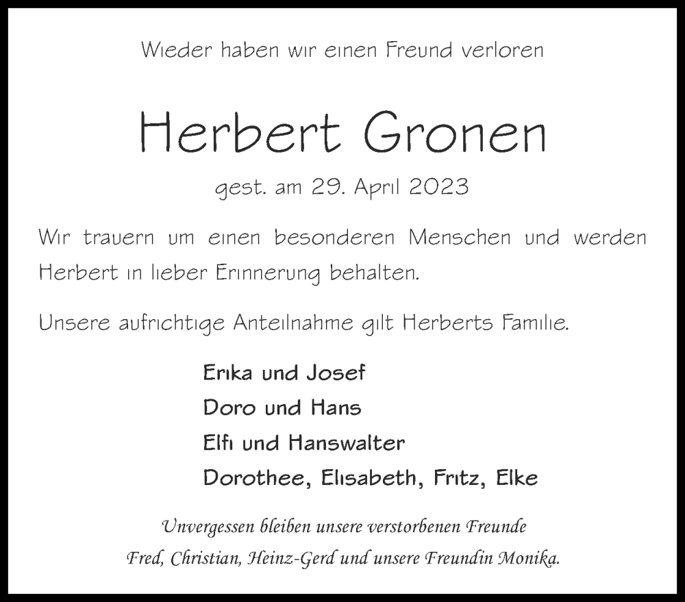  Traueranzeige für Herbert Gronen vom 13.05.2023 aus Aachener Zeitung