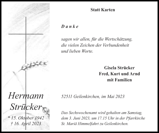 Traueranzeige von Hermann Strücker von Zeitung am Sonntag