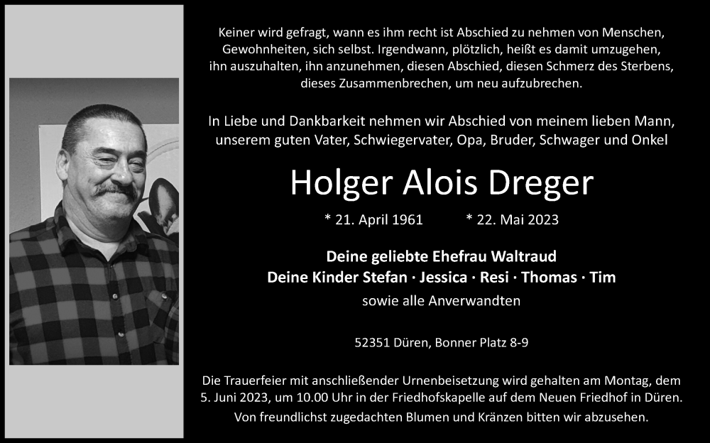  Traueranzeige für Holger Alois Dreger vom 28.05.2023 aus Zeitung am Sonntag