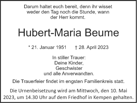 Traueranzeige von Hubert-Maria Beume von Zeitung am Sonntag