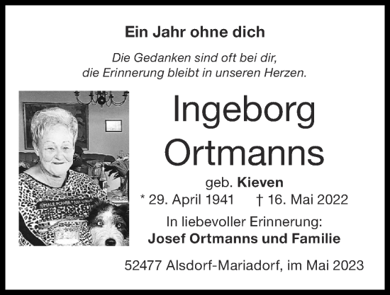 Traueranzeige von Ingeborg Ortmanns von Zeitung am Sonntag